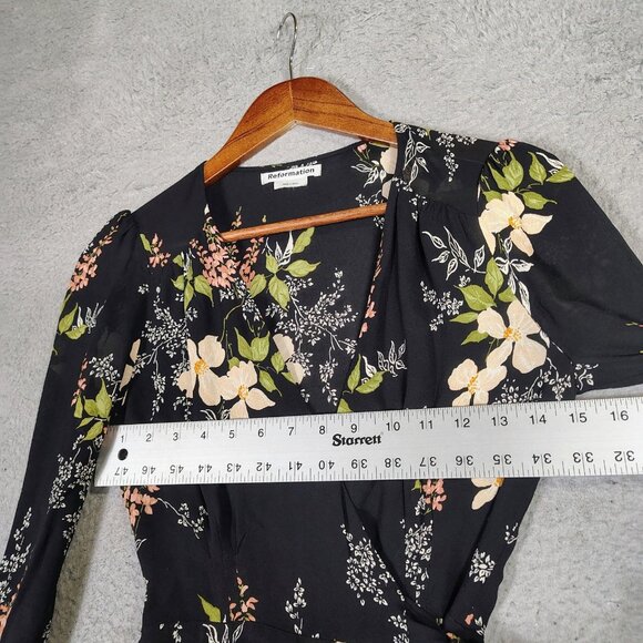 Reformation Susanna Midi Dress Women's XS Black Multi Floral Wrap Long Sleeve - Picture 11 of 12
